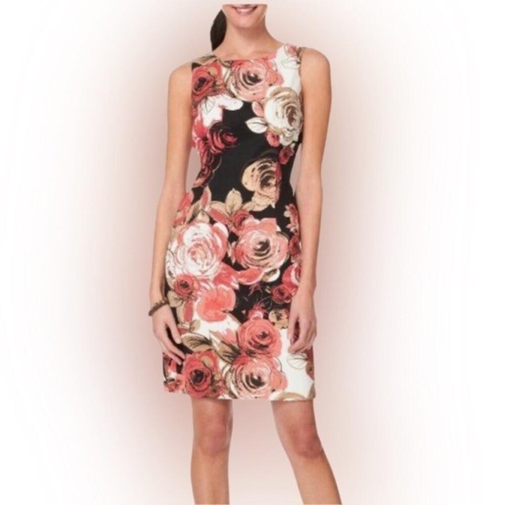 Connected Apparel black and blush rose floral sheath dress size 4